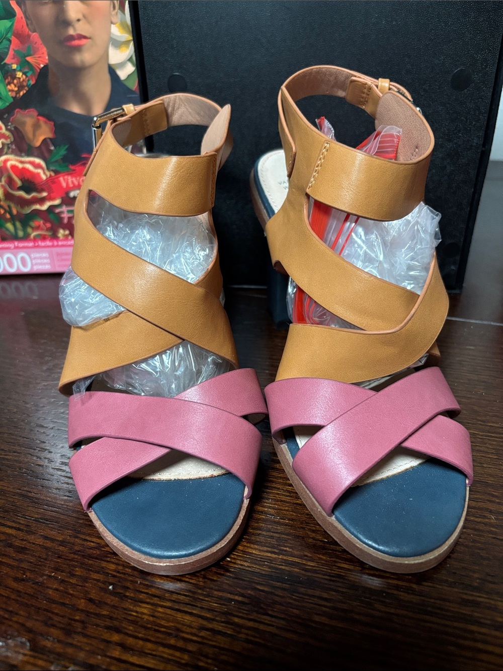 Women’s Two-Tone Crisscross Ankle Strap Wedge Sandals - Pink & Tan